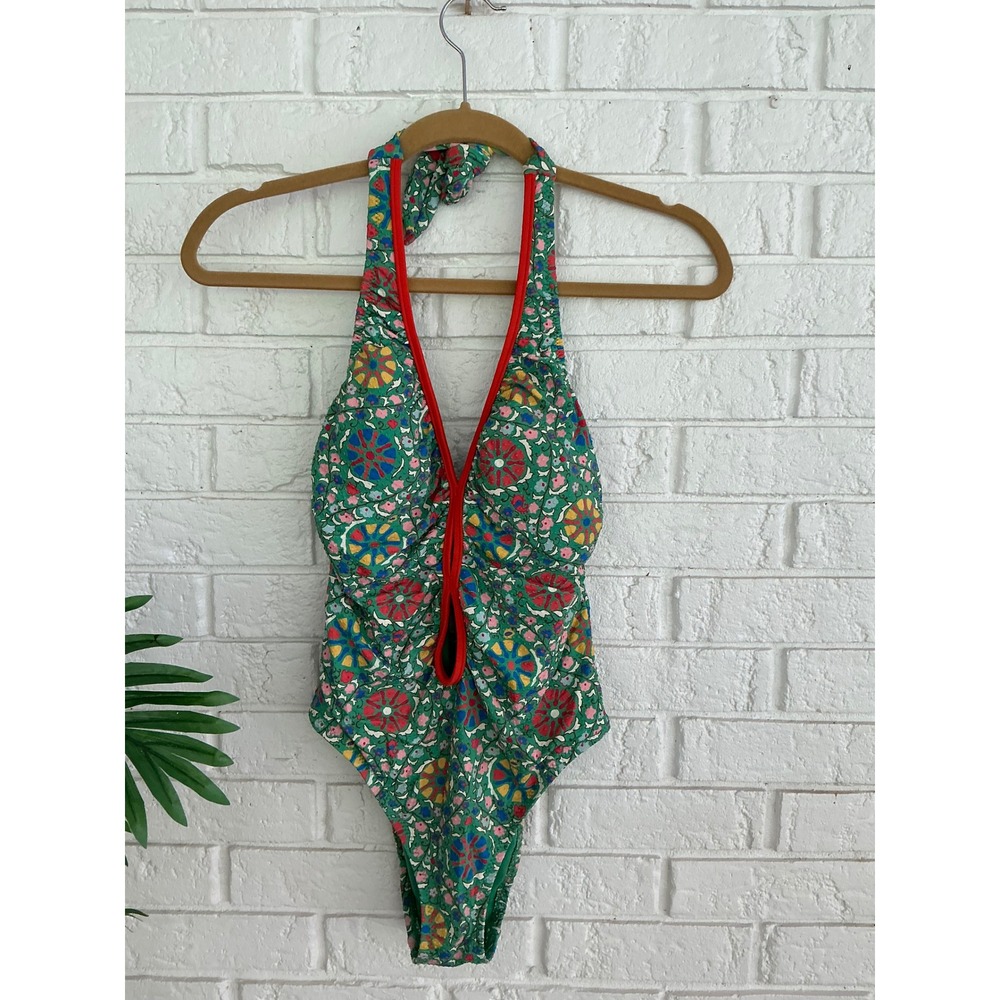 Rhode Resort One Piece Swimsuit Womens S Green Floral Excellent Halter V-Neck